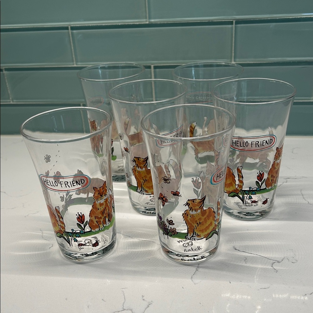 New! 6 Molly Hatch Whimsical Cat Glass Set - Hello Friend Series